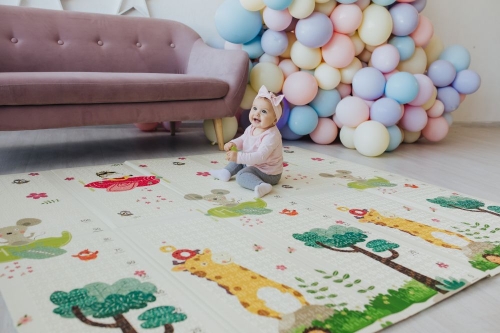 Детский двусторонний развивающий складной термоковрик для ползания POPPET "Транспорт и Зоолетчики", 200х180x1 см