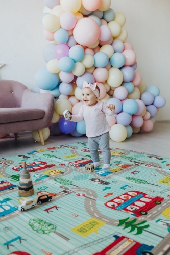 Детский двусторонний развивающий складной термоковрик для ползания POPPET "Транспорт и Зоолетчики", 200х180x1 см