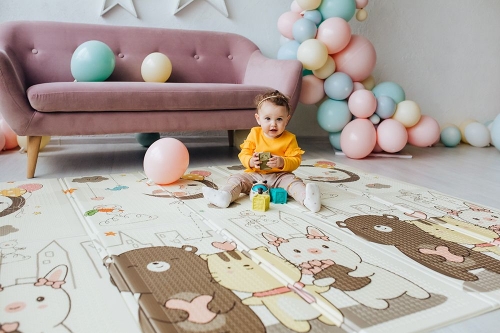 Детский двусторонний развивающий складной термоковрик для ползания POPPET "Спящие малыши и Волшебный город", 200х180x1 см