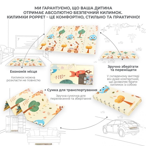Детский двусторонний, складной коврик "Тигрёнок в лесу и Мир животных", 200х180x1 см